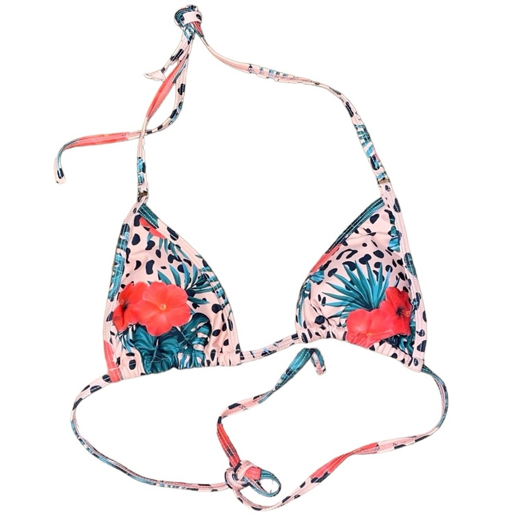 •SHEIN•NWB PEACH LEOPARD HAWAIIAN FLOWER TRIANGLE BIKINI TOP SIZE MEDIUM 🌺🐆